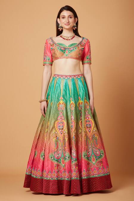 Siddhartha Bansal_Pink Silk Organza, Suede, Paisley Calico Bloom Embroidered Lehenga Blouse Set _Online_at_Aza_Fashions