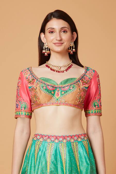 Buy_Siddhartha Bansal_Pink Silk Organza, Suede, Paisley Calico Bloom Embroidered Lehenga Blouse Set _Online_at_Aza_Fashions