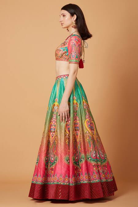 Siddhartha Bansal_Pink Silk Organza, Suede, Paisley Calico Bloom Embroidered Lehenga Blouse Set _at_Aza_Fashions
