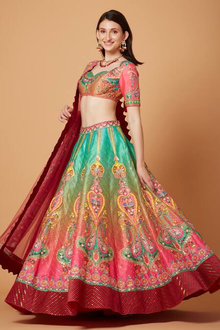 Buy_Siddhartha Bansal_Pink Silk Organza, Suede, Paisley Calico Bloom Embroidered Lehenga Blouse Set 
