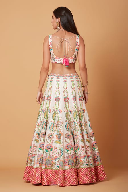 Shop_Siddhartha Bansal_Pink Silk Organza, Denim Arabesque Florid Embroidered Lehenga Blouse Set _at_Aza_Fashions
