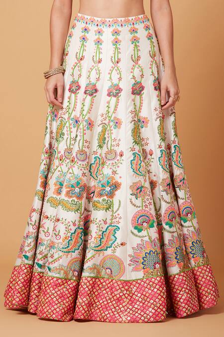 Shop_Siddhartha Bansal_Pink Silk Organza, Denim Arabesque Florid Embroidered Lehenga Blouse Set _Online_at_Aza_Fashions