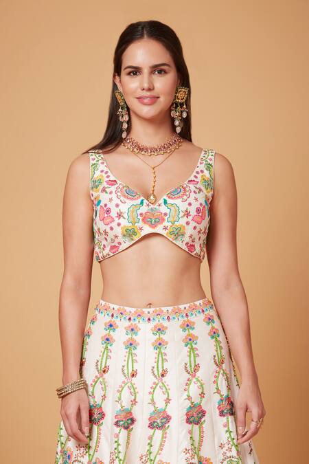 Siddhartha Bansal_Pink Silk Organza, Denim Arabesque Florid Embroidered Lehenga Blouse Set _at_Aza_Fashions
