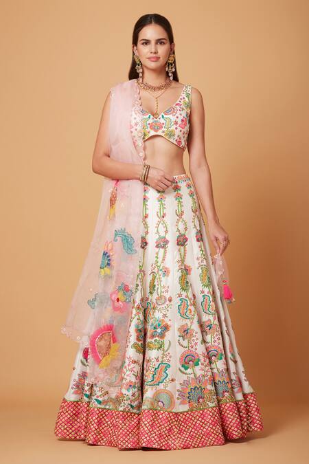 Buy_Siddhartha Bansal_Pink Silk Organza, Denim Arabesque Florid Embroidered Lehenga Blouse Set 