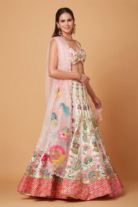 Shop_Siddhartha Bansal_Pink Silk Organza, Denim Arabesque Florid Embroidered Lehenga Blouse Set 