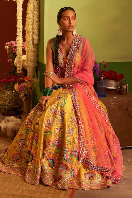 Shop_Siddhartha Bansal_Yellow Silk, Net, Denim Beads, Fresh Gardenia Embroidered Lehenga Blouse Set _at_Aza_Fashions