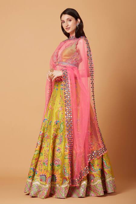 Siddhartha Bansal_Yellow Silk, Net, Denim Beads, Fresh Gardenia Embroidered Lehenga Blouse Set _Online_at_Aza_Fashions