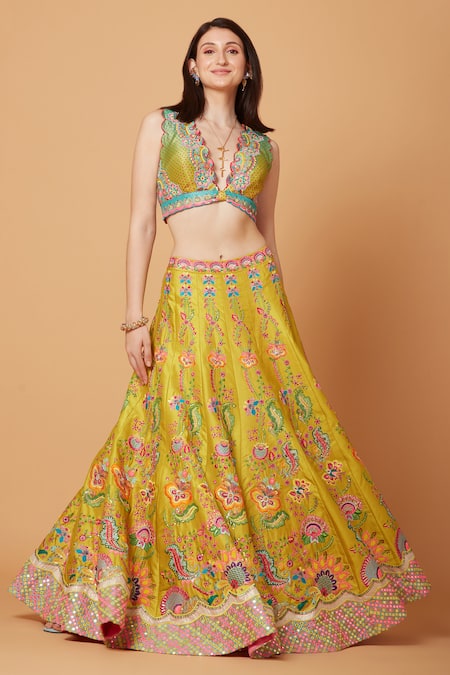 Buy_Siddhartha Bansal_Yellow Silk, Net, Denim Beads, Fresh Gardenia Embroidered Lehenga Blouse Set _Online_at_Aza_Fashions