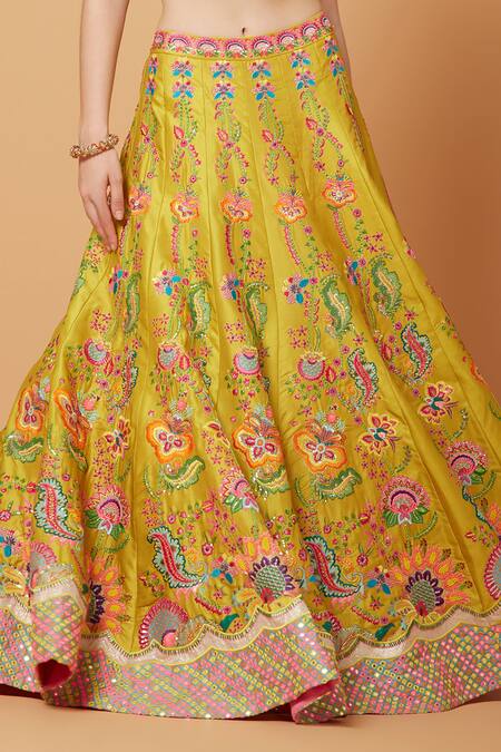 Shop_Siddhartha Bansal_Yellow Silk, Net, Denim Beads, Fresh Gardenia Embroidered Lehenga Blouse Set _Online_at_Aza_Fashions