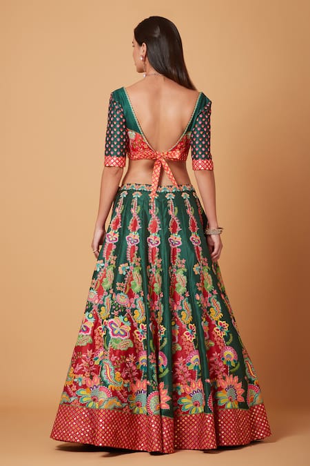 Shop_Siddhartha Bansal_Green Denim, Net Sequins, Beads Acanthus Blossom Embroidered Lehenga Blouse Set _at_Aza_Fashions