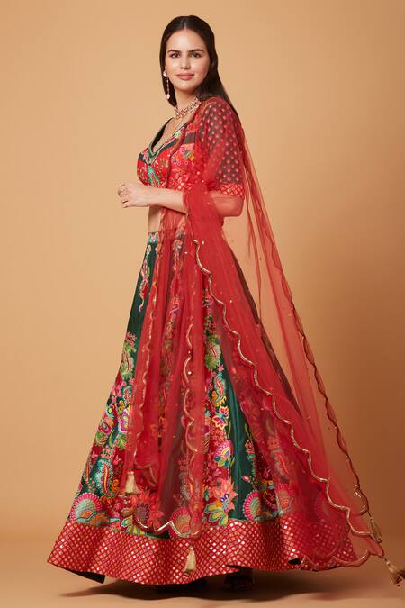 Siddhartha Bansal_Green Denim, Net Sequins, Beads Acanthus Blossom Embroidered Lehenga Blouse Set _Online_at_Aza_Fashions