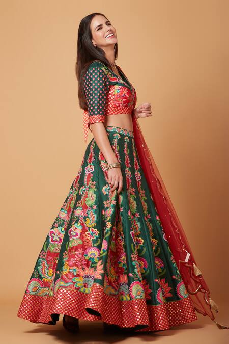 Buy_Siddhartha Bansal_Green Denim, Net Sequins, Beads Acanthus Blossom Embroidered Lehenga Blouse Set _Online_at_Aza_Fashions