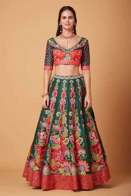Shop_Siddhartha Bansal_Green Denim, Net Sequins, Beads Acanthus Blossom Embroidered Lehenga Blouse Set _Online_at_Aza_Fashions