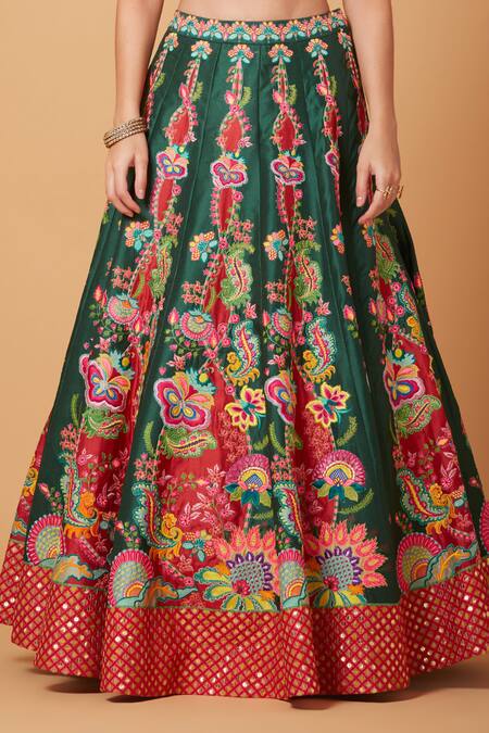 Siddhartha Bansal_Green Denim, Net Sequins, Beads Acanthus Blossom Embroidered Lehenga Blouse Set _at_Aza_Fashions