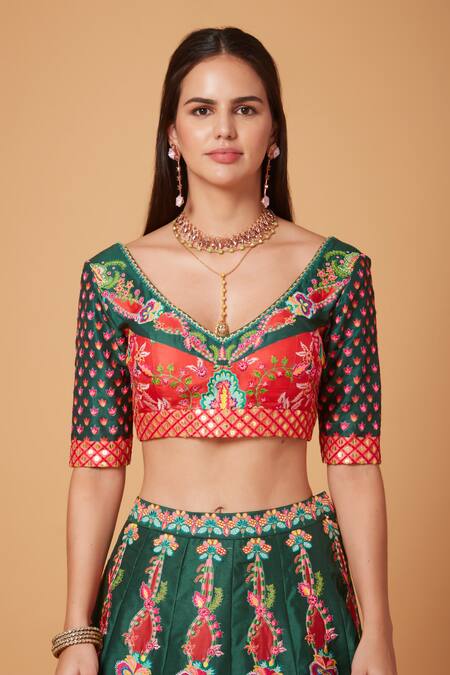 Buy_Siddhartha Bansal_Green Denim, Net Sequins, Beads Acanthus Blossom Embroidered Lehenga Blouse Set 