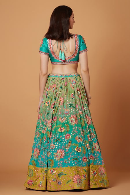 Shop_Siddhartha Bansal_Blue Denim, Silk Organza, Crepe Botanic Bloom Embroidered Lehenga Blouse Set _at_Aza_Fashions