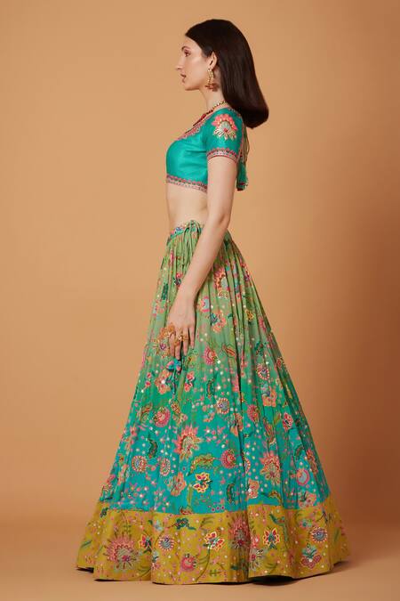 Siddhartha Bansal_Blue Denim, Silk Organza, Crepe Botanic Bloom Embroidered Lehenga Blouse Set _Online_at_Aza_Fashions