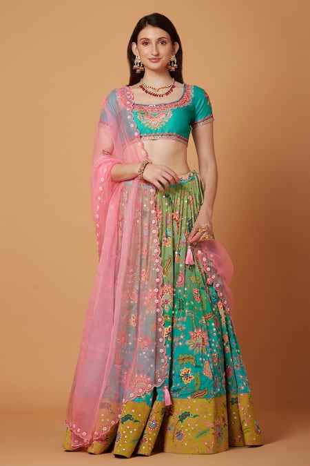 Buy_Siddhartha Bansal_Blue Denim, Silk Organza, Crepe Botanic Bloom Embroidered Lehenga Blouse Set _Online_at_Aza_Fashions