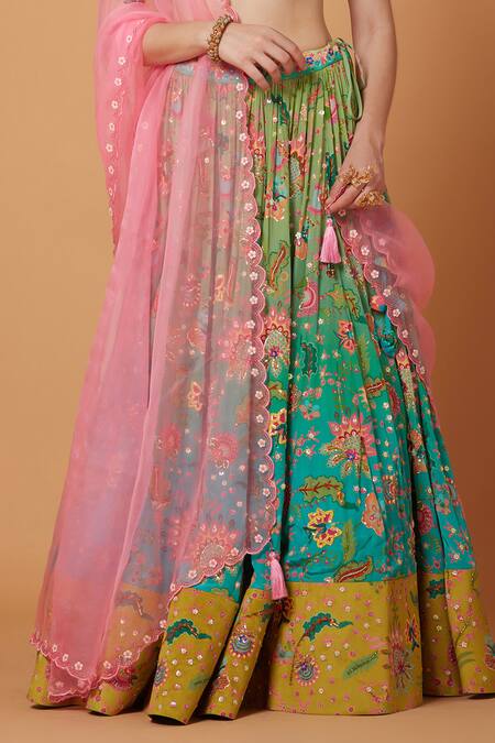 Shop_Siddhartha Bansal_Blue Denim, Silk Organza, Crepe Botanic Bloom Embroidered Lehenga Blouse Set _Online_at_Aza_Fashions