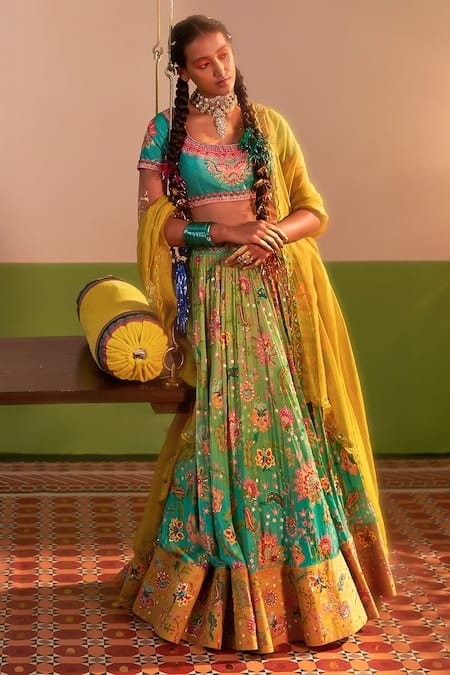 Siddhartha Bansal_Blue Denim, Silk Organza, Crepe Botanic Bloom Embroidered Lehenga Blouse Set _at_Aza_Fashions