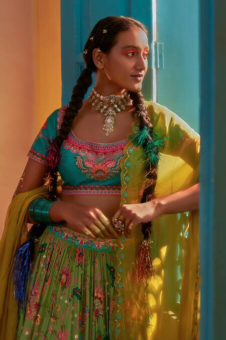 Buy_Siddhartha Bansal_Blue Denim, Silk Organza, Crepe Botanic Bloom Embroidered Lehenga Blouse Set 