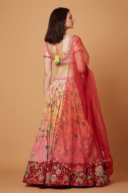Shop_Siddhartha Bansal_Peach Silk Organza, Crepe Pastoral Gardenia Embroidered Lehenga Blouse Set _at_Aza_Fashions