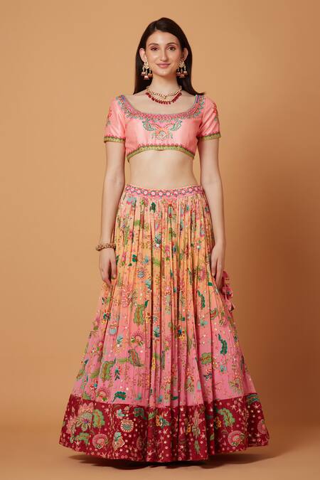 Siddhartha Bansal_Peach Silk Organza, Crepe Pastoral Gardenia Embroidered Lehenga Blouse Set _Online_at_Aza_Fashions
