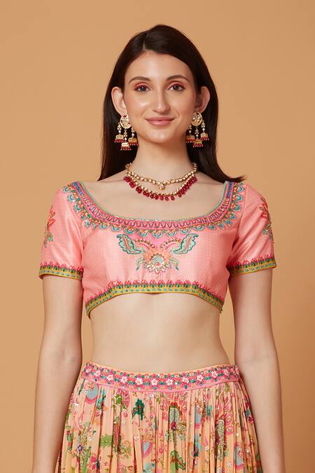 Buy_Siddhartha Bansal_Peach Silk Organza, Crepe Pastoral Gardenia Embroidered Lehenga Blouse Set _Online_at_Aza_Fashions