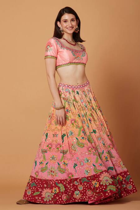 Siddhartha Bansal_Peach Silk Organza, Crepe Pastoral Gardenia Embroidered Lehenga Blouse Set _at_Aza_Fashions