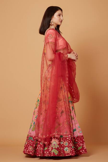 Buy_Siddhartha Bansal_Peach Silk Organza, Crepe Pastoral Gardenia Embroidered Lehenga Blouse Set 