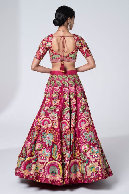 Siddhartha Bansal_Maroon Silk, Net Sequins, Rafflesia Gardenia Embroidered Lehenga Blouse Set _Online_at_Aza_Fashions