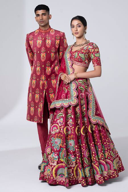 Buy_Siddhartha Bansal_Maroon Silk, Net Sequins, Rafflesia Gardenia Embroidered Lehenga Blouse Set _Online_at_Aza_Fashions