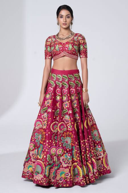 Shop_Siddhartha Bansal_Maroon Silk, Net Sequins, Rafflesia Gardenia Embroidered Lehenga Blouse Set _Online_at_Aza_Fashions