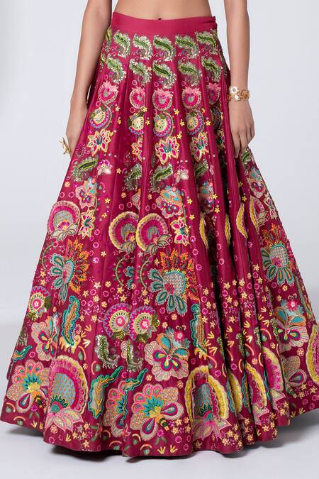 Siddhartha Bansal_Maroon Silk, Net Sequins, Rafflesia Gardenia Embroidered Lehenga Blouse Set _at_Aza_Fashions