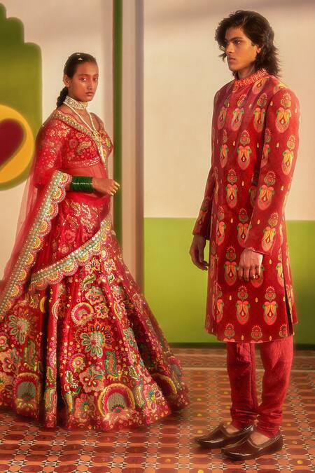 Buy_Siddhartha Bansal_Maroon Silk, Net Sequins, Rafflesia Gardenia Embroidered Lehenga Blouse Set 