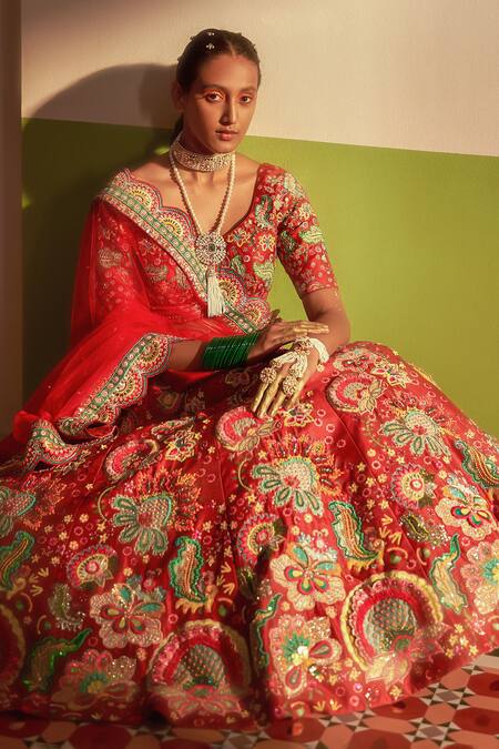 Shop_Siddhartha Bansal_Maroon Silk, Net Sequins, Rafflesia Gardenia Embroidered Lehenga Blouse Set 