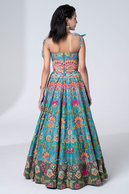 Siddhartha Bansal_Blue Dupion Embroidery Sequins Square Hawaiian Wildfloral Corset Gown  _Online_at_Aza_Fashions