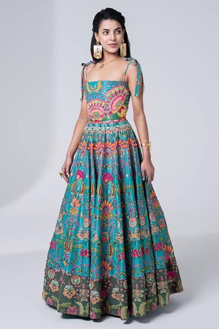 Buy_Siddhartha Bansal_Blue Dupion Embroidery Sequins Square Hawaiian Wildfloral Corset Gown  
