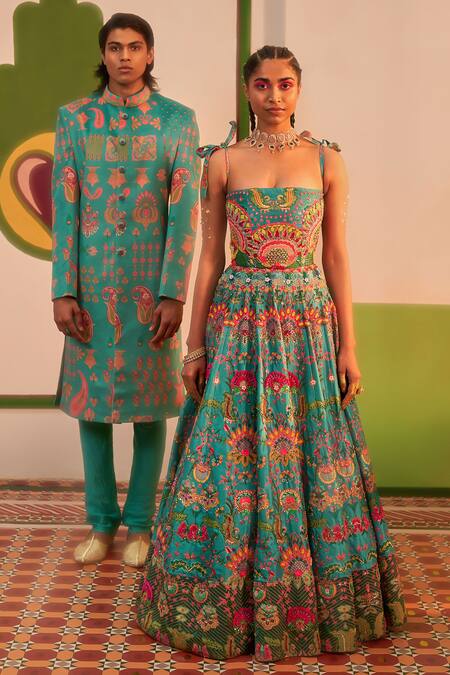 Shop_Siddhartha Bansal_Blue Dupion Embroidery Sequins Square Hawaiian Wildfloral Corset Gown  