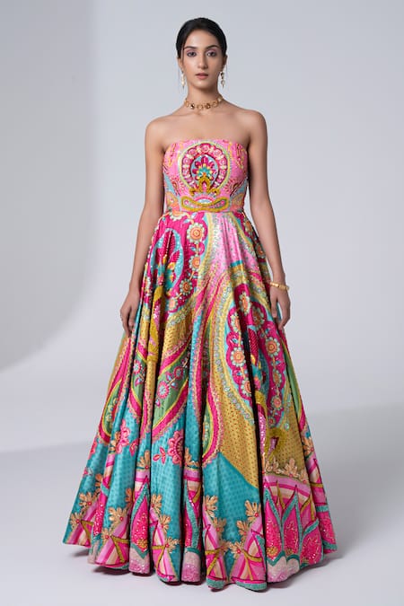 Buy_Siddhartha Bansal_Pink Dupion Embroidery Sequins Off Shoulder Neck Breathtaking Peony Gown _Online_at_Aza_Fashions