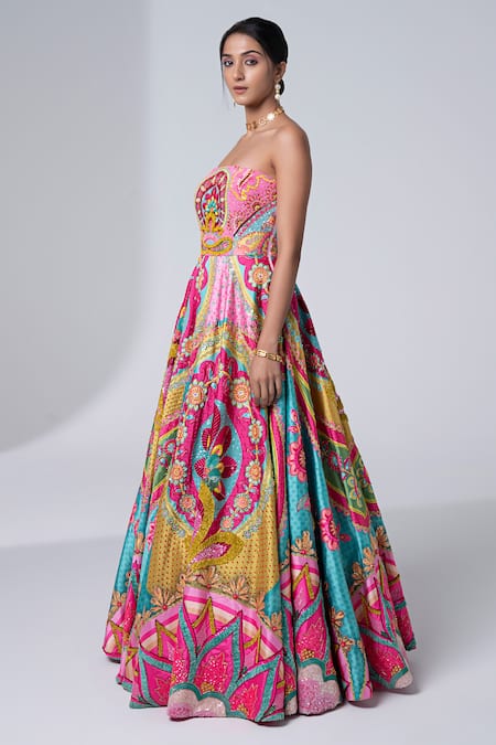 Shop_Siddhartha Bansal_Pink Dupion Embroidery Sequins Off Shoulder Neck Breathtaking Peony Gown _Online_at_Aza_Fashions