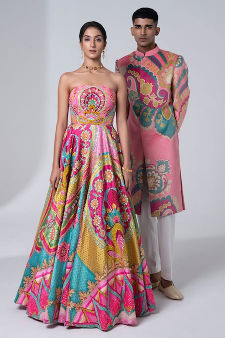 Siddhartha Bansal_Pink Dupion Embroidery Sequins Off Shoulder Neck Breathtaking Peony Gown _at_Aza_Fashions