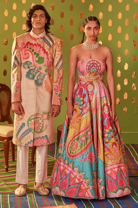 Buy_Siddhartha Bansal_Pink Dupion Embroidery Sequins Off Shoulder Neck Breathtaking Peony Gown 