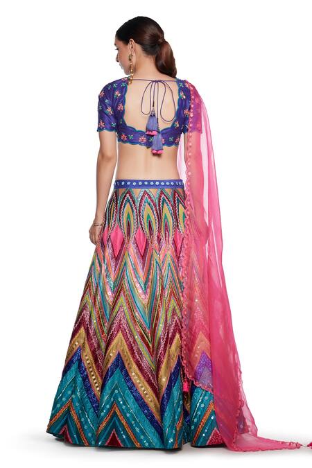 Shop_Siddhartha Bansal_Multi Color , Organza Embroidery V-neck Chevron Lehenga Set _at_Aza_Fashions