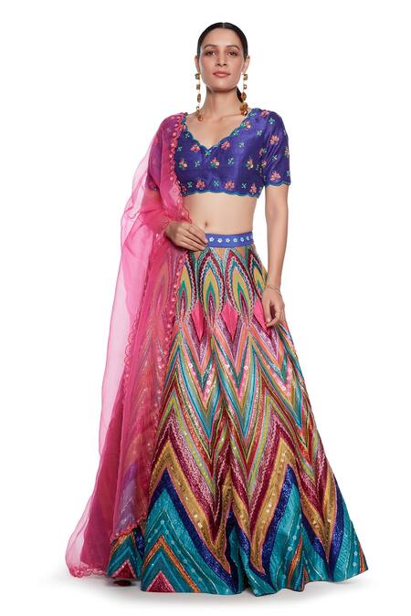 Siddhartha Bansal_Multi Color , Organza Embroidery V-neck Chevron Lehenga Set _Online_at_Aza_Fashions