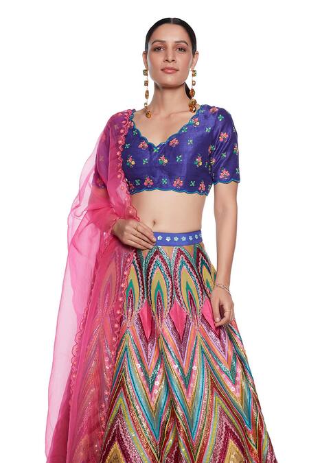 Buy_Siddhartha Bansal_Multi Color , Organza Embroidery V-neck Chevron Lehenga Set _Online_at_Aza_Fashions