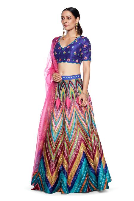 Shop_Siddhartha Bansal_Multi Color , Organza Embroidery V-neck Chevron Lehenga Set _Online_at_Aza_Fashions