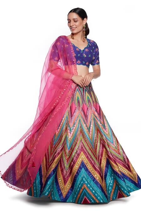 Siddhartha Bansal_Multi Color , Organza Embroidery V-neck Chevron Lehenga Set _at_Aza_Fashions