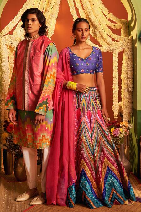 Buy_Siddhartha Bansal_Multi Color , Organza Embroidery V-neck Chevron Lehenga Set 