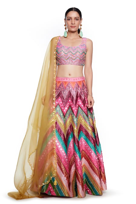 Siddhartha Bansal_Multi Color , Organza Sequins, Embroidery Chevron Pattern Lehenga Set _Online_at_Aza_Fashions